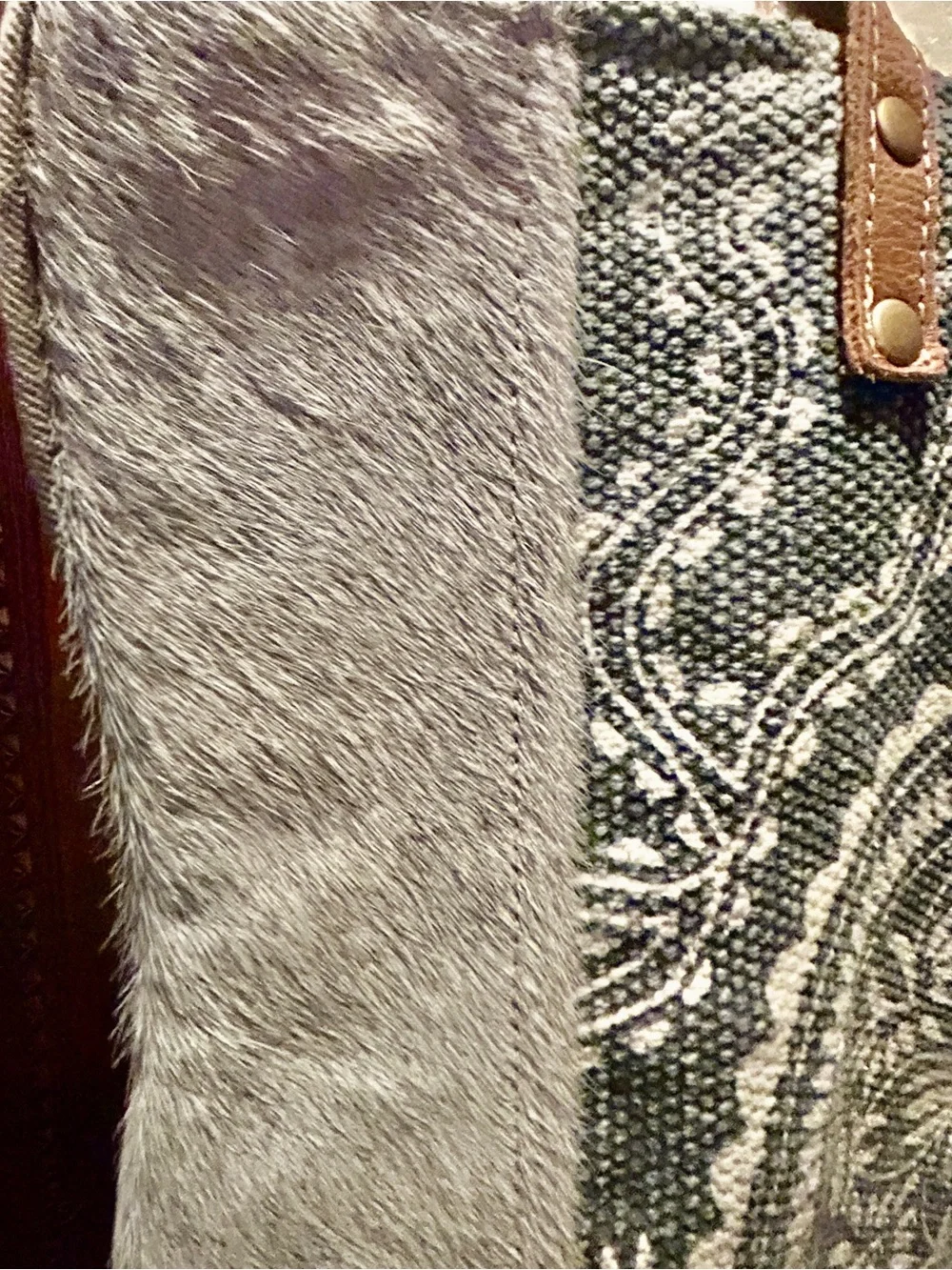 Myra Bag Gray and Brown Patterned Tote with Leather Straps